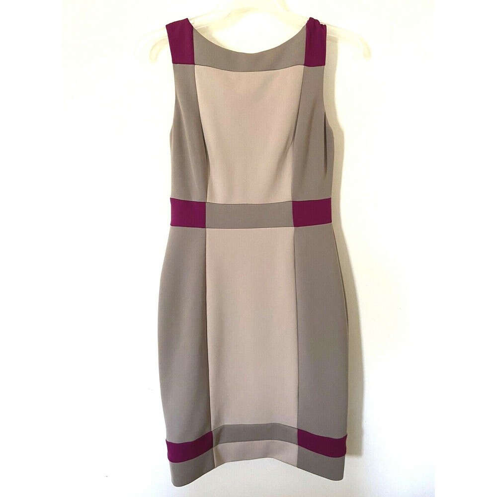 Maggy London Tank Dress Womens Size 4  Tan Fushia Blocked Round Neck